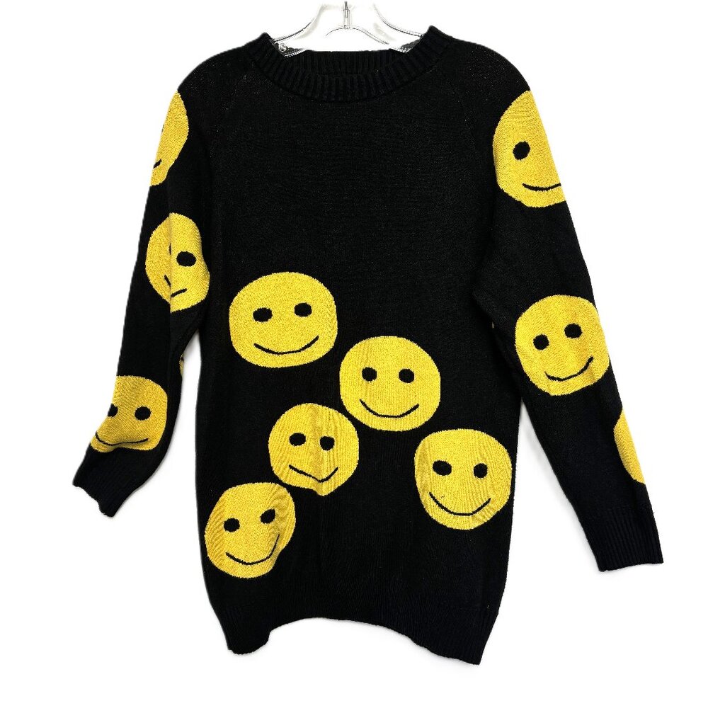 Smiley Face Pullover Long Blk Yellow Emoji  90’s Crewneck Sweater Vintage